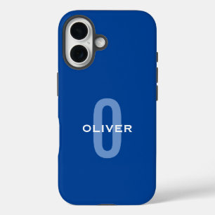 Coques iPhone 16 Monogramme personnalisé bleu blanc nom