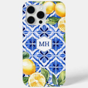 Coque iPhone 15 Pro Max Monogramme personnalisé Citrons jaunes méditerrané
