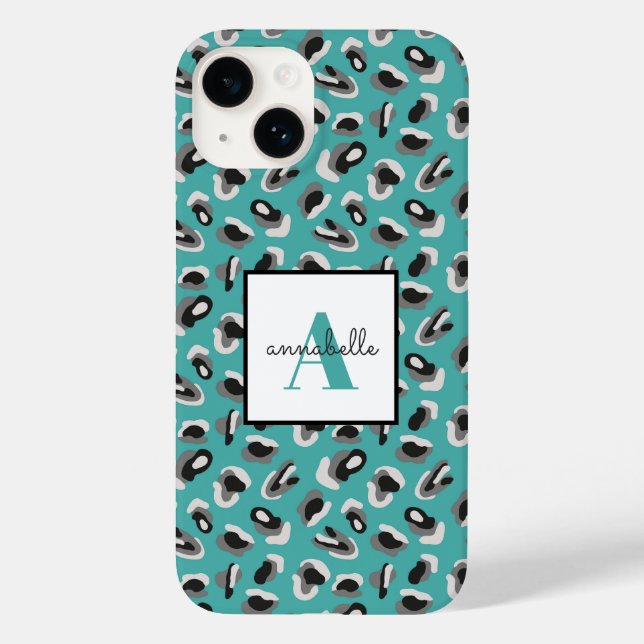 Coques Case-Mate iPhone Monogramme personnalisé Empreinte de léopard Aqua (Verso)