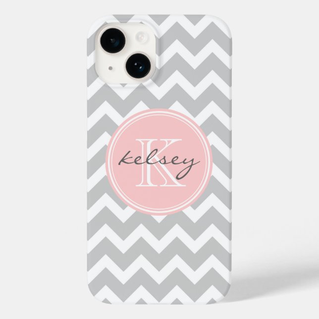 Coques Case-Mate iPhone Monogramme personnalisé Gris et Rose Chevron (Verso)