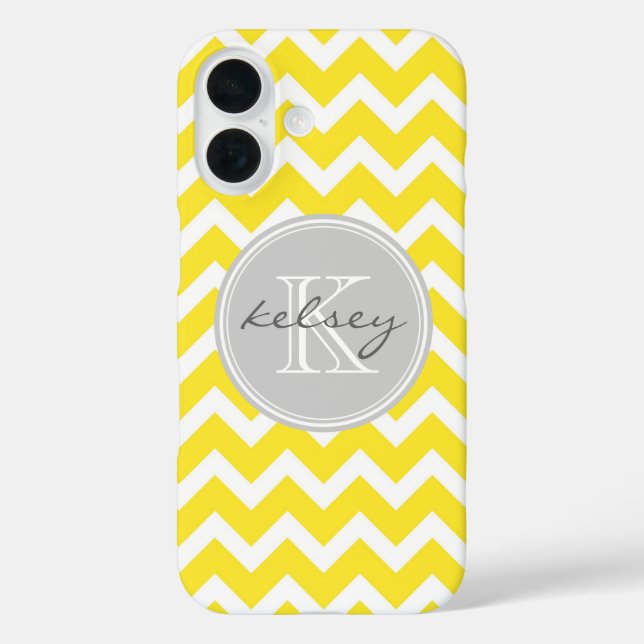 Coques Case-Mate iPhone Monogramme personnalisé jaune et gris Chevron (Verso)