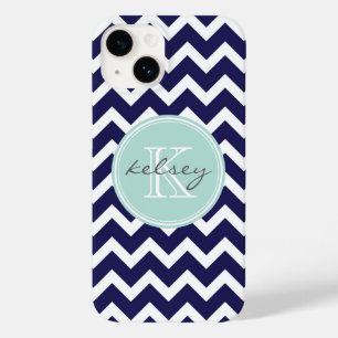 Coques Pour iPhone Monogramme personnalisé Marine et Mint Chevron