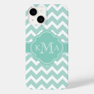 Coques Pour iPhone Monogramme personnalisé Mint et Aqua Chevron