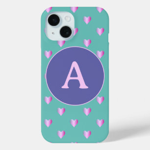 Coque Pour iPhone 15 Monogramme personnalisé Motif de coeur Lilac Turqu