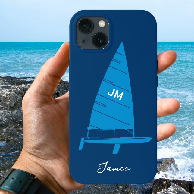 Coques Case-Mate iPhone Monogramme personnalisé Nom Voilier Course Bleu (Créateur téléchargé)