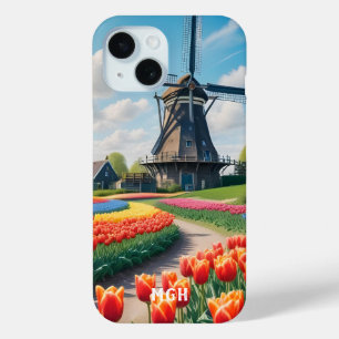 Coque Pour iPhone 15 Monogramme personnalisé Pays-Bas Windmill & Tulips
