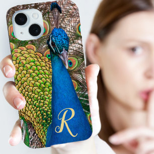 Coque Pour iPhone 15 Monogramme personnalisé photo Peacock bleu