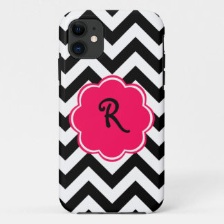 Coques Pour iPhone Monogramme personnalisé rose néon avec Motif Zigza