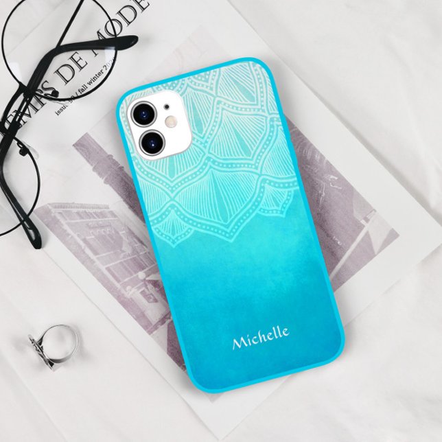 Coques Case-Mate iPhone Monogramme personnalisé Turquoise Ombre Mandala (Créateur téléchargé)