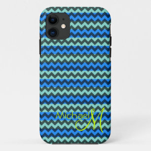 Coques Pour iPhone Monogramme personnalisé Vert Bleu Chevron Zigzag