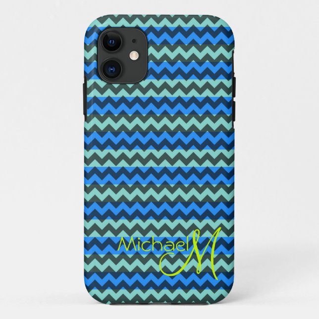 Coques Case-Mate iPhone Monogramme personnalisé Vert Bleu Chevron Zigzag (Dos)