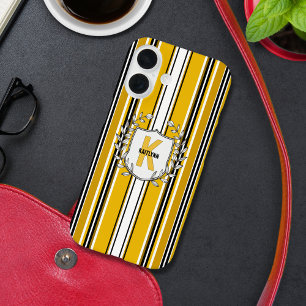 Coques iPhone 16 Monogramme Personnalisé Yellow Black Strips