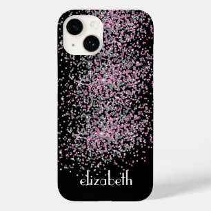 Coque Pour iPhone 14 Monogramme Personnaliser Noir Rose Paillettes Arge