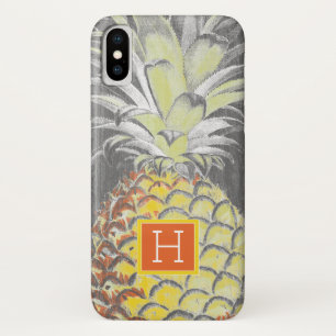 Coque iPhone X Monogramme   Pinneappa jaune tropical sur gris