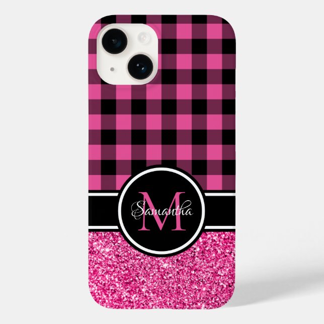 Coques Case-Mate iPhone Monogramme Plaid de bison rose chaud (Verso)