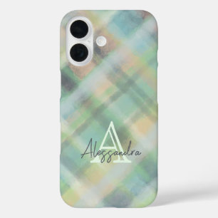 Coques iPhone 16 Monogramme plaid pastel vert gris jaune turquoise
