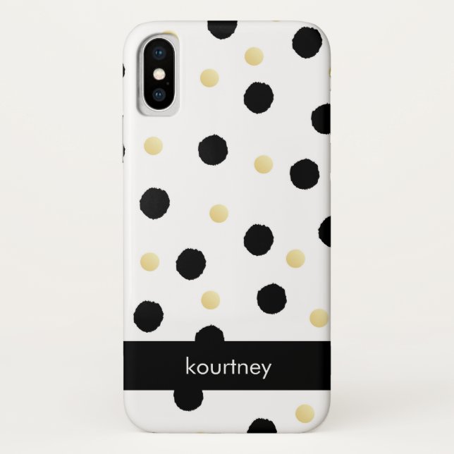 Coques Case-Mate iPhone Monogramme Pois noir et or (Dos)
