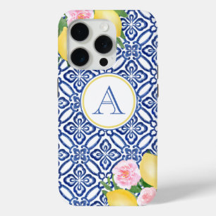 Coque iPhone 15 Pro Monogramme Positano Lemons Bleu Blanc Italien Carr