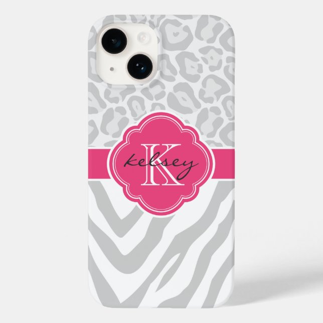 Coques Case-Mate iPhone Monogramme Poster de animal gris et rose (Verso)