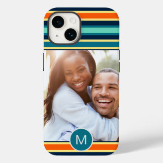 Coque Pour iPhone 14 Monogramme rayé bleu rétro - Photo personnalisée