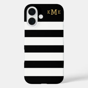 Coques iPhone 16 Monogramme rayé noir et blanc Classique
