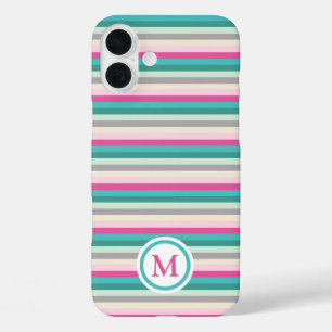 Coques iPhone 16 Plus Monogramme rayé rose pastel