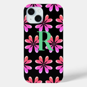 Coque Pour iPhone 15 Monogramme rétro floral noir rose