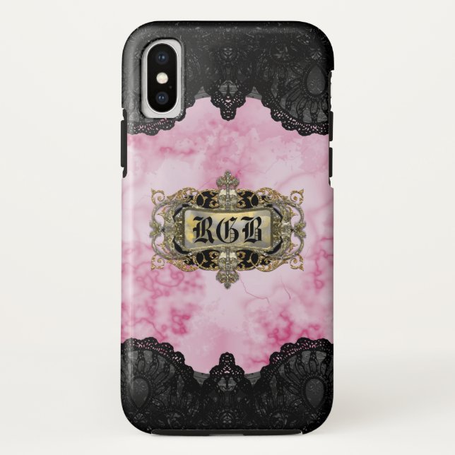 Coques Case-Mate iPhone Monogramme romantique élégant en marbre rose (Dos)