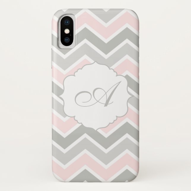 Coques Case-Mate iPhone Monogramme rose et gris de Chevron de zigzag (Dos)