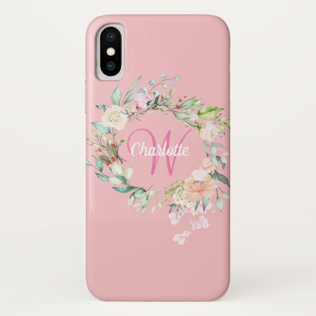 Coques Case-Mate iPhone Monogramme rose fille Roses initiaux Floral (Dos)