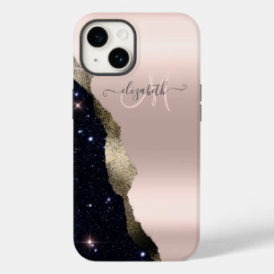 Coque Pour iPhone 14 Monogramme Rose Gold Pailleté Noir Élégant