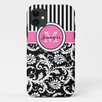 Coque Case-Mate Pour iPhone Monogramme rose, noir, blanc rayé Damas