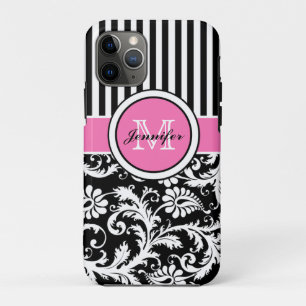 Case-Mate iPhone Case Monogramme rose, noir, blanc rayé Damas