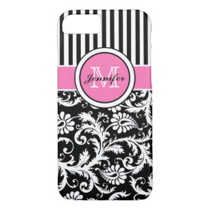 Coques Pour iPhone Monogramme rose, noir, blanc rayé Damas