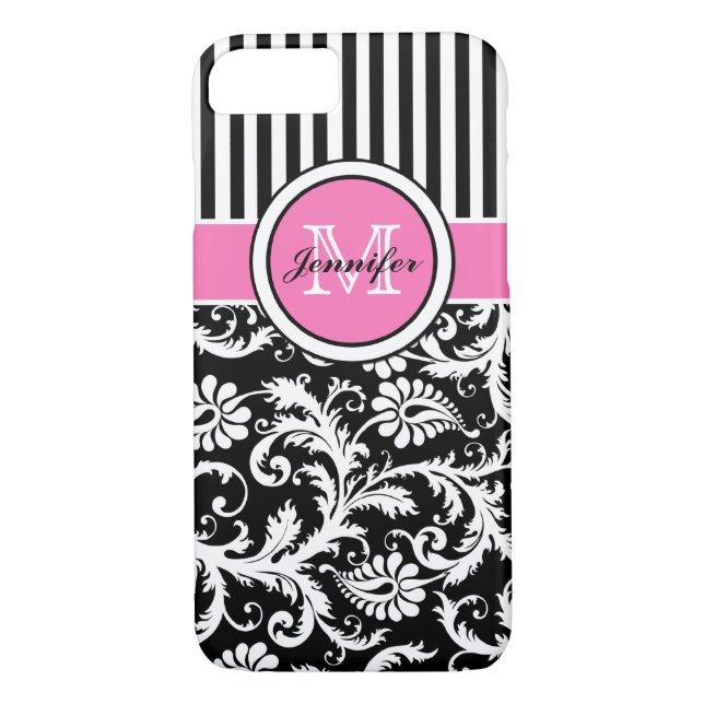 Coques Case-Mate iPhone Monogramme rose, noir, blanc rayé Damas (Dos)