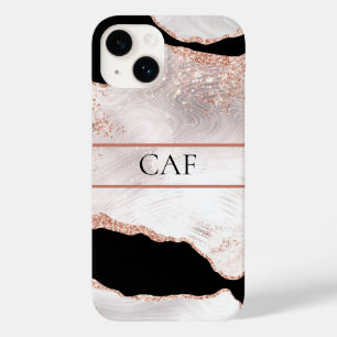 Coque Pour iPhone 14 Monogramme Rose Parties scintillant or Agate noir 