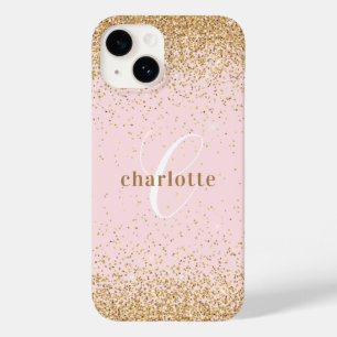 Coque Pour iPhone 14 Monogramme Rose Parties scintillant or Glam fille