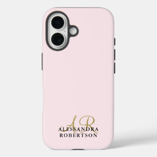 Coques iPhone 16 Monogramme Rose Pastel Minimaliste Or Noir Élégant