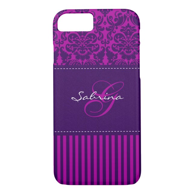 Coques Case-Mate iPhone Monogramme rose, pourpre Damask Stripe iPhone 7 Co (Dos)
