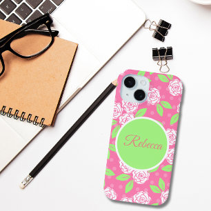 Coque Pour iPhone 15 Monogramme Rose Vert Floral Tendance Chic