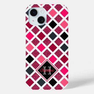 Coque Pour iPhone 15 Monogramme rose violet fille Motif géométrique