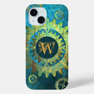 Coque Pour iPhone 15 Monogramme Steampunk Verdigris Rusty Cogwheel