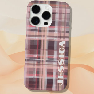 Coques iPhone 16 Pro Monogramme Tartan Rouge Bourguignon Rose Pâle Rayu