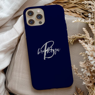 Coque Pour iPhone 15 Monogramme tendance bleu marine gris blanc