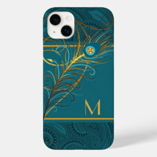 Coque Pour iPhone 14 Plus Monogramme Thème Peacock Turquoise et or