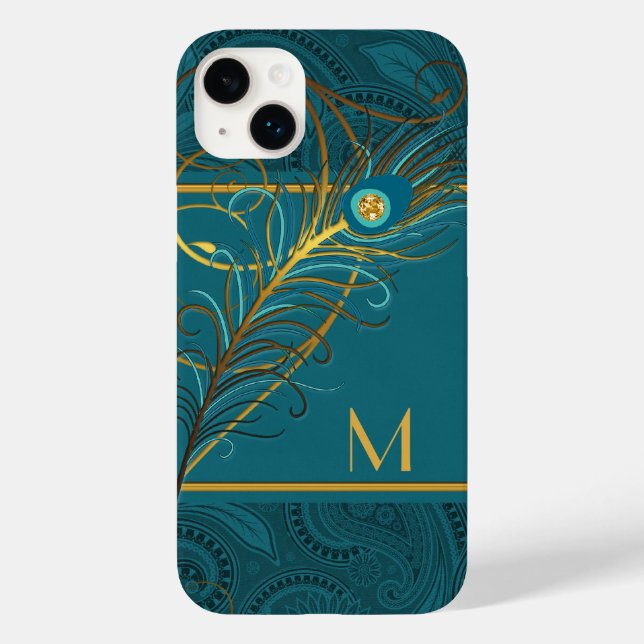 Coques Case-Mate iPhone Monogramme Thème Peacock Turquoise et or (Verso)