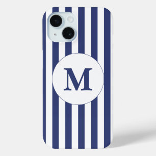 Coque Pour iPhone 15 Monogramme traditionnel à rayures bleu foncé et bl