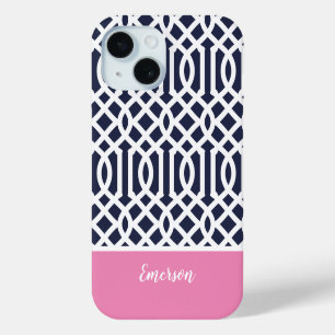 Coque Pour iPhone 15 Monogramme Treillis Navy et Rose