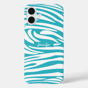 Coques iPhone 16 Plus Monogramme Turquoise rayé Zèbre motif tendance