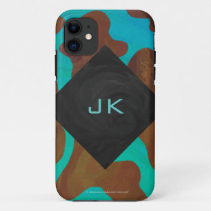 Coque iPhone 11 Monogramme Vache Impression Brown et Turquoise